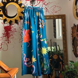 Vibrant Teal Pants with Star Snake and Abstract Designs Eclectic Small